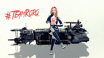 1girl 3d alternate_size bodysuit capital_ship_(eve_online) commentary commission droneboat_(eve_online) eating english_commentary eve_online food full_body grey_bodysuit hand_up harvesting_ship_(eve_online) hashtag hauling_ship_(eve_online) highres holding industrial_ship_(eve_online) lips long_hair looking_at_viewer nidensommer nose open_mouth orange_hair original outer_ring_excavations_(eve_online) pink_lips popcorn radio_antenna realistic rorqual_(eve_online) science_fiction shadow simple_background sitting solo spacecraft support_ship_(eve_online) teeth upper_teeth_only white_background