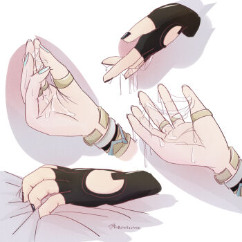 Rule 34 | 2girls, aqua nails, bed sheet, black gloves, black nails, clothing cutout, commentary, commentary request, english commentary, fingerless gloves, fingernails, genshin impact, glove cutout, gloves, hand focus, highres, jahoda (genshin impact), jewelry, lauma (genshin impact), long fingernails, mixed-language commentary, multiple girls, multiple rings, nail polish, partial commentary, pussy juice, pussy juice on fingers, pussy juice trail, ring, sheet grab, signature, simple background, stellustria, twitter username, white background, yuri