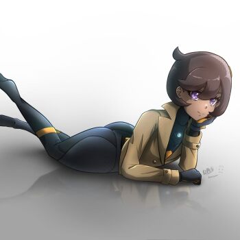 1girl ass black_hair bodysuit dark-skinned_female dark_skin emma_(pokemon) gloves jacket kamen_art23 long_sleeves looking_at_viewer lying nintendo on_stomach pokemon pokemon_legends:_z-a purple_eyes short_hair