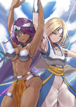 2girls aqua_eyes armlet armor arms_up belly_chain blonde_hair blue_robe blue_sky bracer breastplate breasts brown_eyes choker cloud commentary_request cowboy_shot dancer dark-skinned_female dark_skin dragon_quest dragon_quest_iv dragon_quest_vi earrings forehead_jewel forehead_protector gem green_gemstone highres in-franchise_crossover jewelry large_breasts locked_arms long_hair looking_at_viewer looking_to_the_side manya_(dq4) metal_bikini mireyu multiple_girls open_mouth orange_sash pants parted_hair pelvic_curtain purple_hair robe shirt sideboob silver_armlet silver_choker silver_thighlet sky small_breasts smile sphere_earrings strail_cycleman thighlet trait_connection underboob white_pants white_shirt