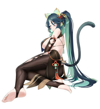 1girl absurdres alternate_costume bare_shoulders black_gloves black_hair black_pantyhose breasts cat_tail clothing_cutout elbow_gloves feet full_body genshin_impact glove_cutout gloves green_hair hair_between_eyes highres janload1ng large_breasts legwear_cutout long_hair looking_at_viewer multicolored_hair no_shoes pantyhose parted_lips ponytail sideboob simple_background smile solo stirrup_legwear tail toeless_legwear toes two-tone_hair very_long_hair white_background xianyun_(genshin_impact)