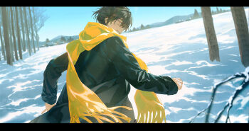 1boy bare_tree black_coat black_hair coat cowboy_shot day from_behind hair_between_eyes highres long_sleeves looking_at_viewer looking_back male_focus original outdoors scarf short_hair smile solo tree winter winter_clothes winter_coat winter_uniform xiaojiaju yellow_scarf