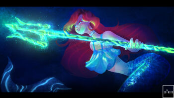 1girl chelsea_(ruby_gillman) choker erineko highres holding_polearm long_hair mermaid monster_girl polearm red_hair ruby_gillman:_teenage_kraken sharp_teeth solo teeth trident very_long_hair weapon