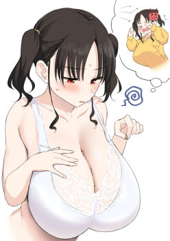 &gt;_&lt; 1girl annoyed bare_arms bare_shoulders beans between_breasts black_hair blush bra breasts cleavage collarbone commentary_request flying_sweatdrops food food_between_breasts hand_on_own_chest hands_up highres holding holding_food huge_breasts image_in_thought_bubble lace lace-trimmed_bra lace_trim mamemaki mask mask_on_head multiple_views nagachichi_chika_idol-chan_(yue_(show-ei)) oni_mask original panicking parted_lips peanut_mouth red_eyes setsubun sidelocks simple_background soybean speech_bubble squiggle sweater thinking thought_bubble throwing twintails underwear upper_body v-shaped_eyebrows white_background white_bra wispy_bangs yellow_sweater yue_(show-ei)