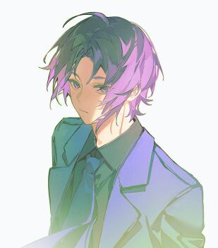 1boy black_shirt blue_jacket blue_lock blue_necktie closed_mouth collared_shirt commentary english_commentary highres hueirin jacket looking_at_viewer male_focus mikage_reo necktie purple_eyes purple_hair shirt short_hair simple_background solo suit_jacket upper_body white_background
