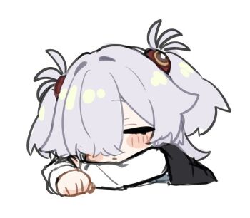 blue_archive chibi elbow_rest fami_miminmin hair_over_one_eye head_on_arm kanoe_(blue_archive) light_blush long_hair one_eye_closed sleeping twintails white_hair