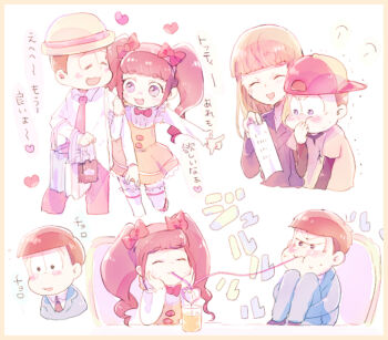 2girls 4boys bag blush chibimi drinking_straw hano_luno heart holding_breath iyayo matsuno_choromatsu matsuno_ichimatsu matsuno_jyushimatsu matsuno_todomatsu multiple_boys multiple_girls open_mouth osomatsu-san osomatsu_(series) shopping_bag smile spoken_heart