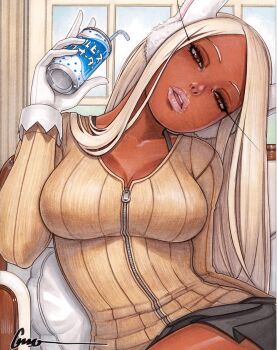 1girl animal_ears black_skirt blonde_hair boku_no_hero_academia breasts brown_eyes brown_shirt can cleavage collarbone dark-skinned_female dark_skin drinking_straw gloves head_tilt holding holding_can large_breasts long_eyelashes looking_at_viewer mirko omar_dogan open_mouth pleated_skirt rabbit_ears ribbed_shirt shirt signature skirt solo traditional_media white_gloves