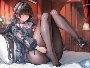 1girl absurdres alternate_breast_size_(larger) arm_cutout black_choker black_hair black_jacket black_pantyhose black_shoes blush breasts chinese_commentary chisa_(wuthering_waves) choker closed_mouth clothing_cutout collarbone commentary_request hair_ribbon highres huge_breasts jacket knees_up large_variant_set long_hair long_sleeves looking_at_viewer lrrer neckerchief no_pants on_bed pantyhose pillow red_eyes red_neckerchief red_ribbon ribbon sailor_collar shoes single_shoe sitting solo steaming_body thick_thighs thighband_pantyhose thighs toes variant_set wet wet_clothes wet_pantyhose white_sailor_collar wuthering_waves