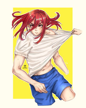 1boy androgynous artist_name blue_lock blue_shorts chigiri_hyoma closed_mouth clothes_pull commentary cropped_legs floating_hair frown hair_between_eyes highres long_hair long_hair_between_eyes male_focus max_art149 midriff_peek navel out_of_frame pulling_another's_clothes red_eyes red_hair shirt shirt_pull short_sleeves shorts t-shirt v-shaped_eyebrows white_shirt