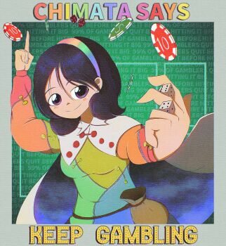 1girl absurdres addiction black_hair blue_sky breasts cape casino_card_table closed_mouth cloudykeyz commentary dice dress english_text gambling hair_between_eyes hairband highres holding holding_dice index_finger_raised long_bangs long_sleeves looking_at_viewer medium_breasts multicolored_dress multicolored_hairband patchwork_clothes poker_chip pouch print_cape purple_eyes rainbow_gradient rainbow_text short_hair sky sky_print smile solo split_mouth static table tenkyuu_chimata touhou upper_body white_cape