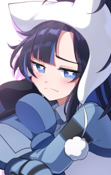 1girl absurdres animal_hat black_hat blue_eyes blue_hair blue_shrug cat_hat closed_mouth collared_shirt commentary_request curtained_hair fang hat highres hololive hololive_english hug kronie_(ouro_kronii) light_blush looking_at_viewer official_alternate_costume official_alternate_hairstyle ouro_kronii pom_pom_(clothes) shirt shrug_(clothing) side_part skin_fang solo split_mouth star-shaped_pupils star_(symbol) symbol-shaped_pupils uminonin46978 upper_body virtual_youtuber way_2_u_(ouro_kronii) white_hat white_shirt