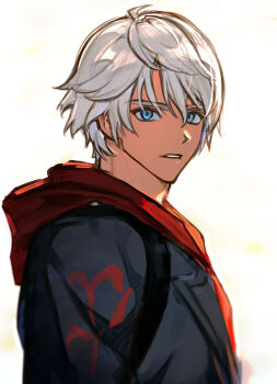 1boy black_coat blue_eyes chinese_commentary coat commentary_request devil_may_cry devil_may_cry_(series) devil_may_cry_4 grey_hair hair_between_eyes highres hood hood_down hoodie looking_at_viewer male_focus nero_(devil_may_cry) open_clothes open_coat parted_lips red_hoodie solo upper_body wuliu_heihuo