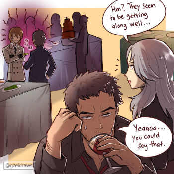 1girl 3boys adachi_tooru akechi_gorou alcohol cup doujima_ryoutarou drinking_glass grey_hair gzei highres multiple_boys necktie niijima_sae persona persona_4 persona_5 red_necktie wine wine_glass