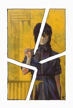 1girl absurdres black_dress black_hair braid braided_ponytail chainsaw_man collared_dress cowboy_shot curled_fingers dress expressionless hair_between_eyes hand_up highres light_frown looking_at_viewer nayuta_(chainsaw_man) one_eye_covered photo_(object) pxtakart ringed_eyes single_braid solo split_screen yellow_background yellow_eyes