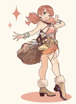 1girl :d bracelet breasts brown_shoes chimney_(chimney0311) commentary final_fantasy final_fantasy_xiii full_body green_eyes highres jewelry looking_at_viewer low_twintails multiple_bracelets oerba_dia_vanille one_eye_closed open_mouth pink_hair shoes smile solo sparkle standing teeth twintails upper_teeth_only white_background