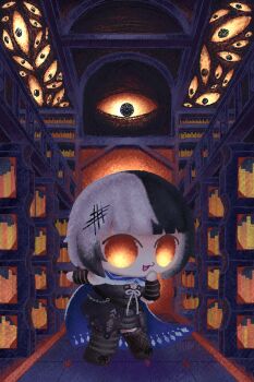 1girl black_arm_warmers black_dress black_hair black_thighhighs bookshelf chibi chibi_only cloak commentary dress english_commentary enigmatic_recollection grey_hair hair_ornament highres hololive hololive_english indoors library multicolored_hair open_mouth pyrothepyre ribbon shiori_novella shiori_novella_(1st_costume) solo split-color_hair striped_arm_warmers thighhighs virtual_youtuber white_cloak white_ribbon yellow_eyes