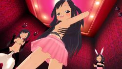 1boy 3d 3girls animal_ears animated artist_request bikini black_hair blue_eyes blush cowgirl_position dancing double_v earlette_(icemega5) girl_on_top hetero highres loli looking_at_viewer micro_bikini mikumikudance_(medium) miniskirt multiple_girls music naughty_face no_panties original penis pussy rabbit_ears sex skirt sound straddling swimsuit thighhighs tyron82 v vaginal video