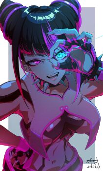1girl absurdres black_hair bracelet breasts chinese_clothes collar diagonal_bangs drill_hair dudou fingerless_gloves gloves glowing glowing_eye hair_horns halterneck han_juri hand_on_own_hip heterochromia highres jewelry multicolored_hair navel sgmt_proxy short_hair solo spiked_bracelet spiked_collar spikes streaked_hair street_fighter street_fighter_6 twin_drills