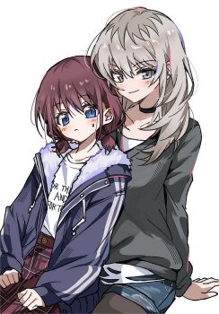 2girls black_pantyhose black_sweater blue_eyes blue_jacket blue_shorts blush brown_hair closed_mouth commentary girls_band_cry grey_eyes grey_hair highres iseri_nina jacket kawaragi_momoka long_hair low_twintails multicolored_hair multiple_girls open_clothes open_jacket pantyhose pantyhose_under_shorts red_skirt roots_(hair) shirt short_hair short_twintails shorts skirt sweater syst098 twintails white_shirt