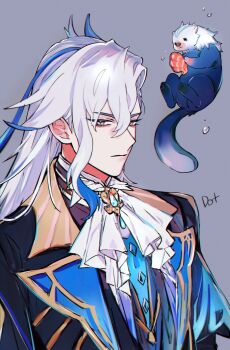 Rule 34 | 1boy, animal, animalization, artist name, ascot, blue coat, blue eyes, blue hair, brooch, closed mouth, coat, dual persona, formal clothes, gem, genshin impact, grey background, hair between eyes, highres, jewelry, korean commentary, long hair, long sleeves, looking at viewer, male focus, multicolored hair, neuvillette (genshin impact), shirt, simple background, solo, streaked hair, to dot , upper body, white ascot, white hair
