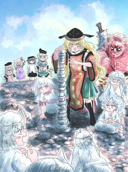 2boys 6+girls apron black_skirt blonde_hair bow brown_hair closed_mouth club_(weapon) colored_skin constellation_print detached_sleeves dress ebisu_eika fedora green_dress green_hair grey_hair hat hat_bow hat_ribbon highres holding holding_bamboo_shoot holding_plant holding_rock horns kazamichisha long_earlobes long_hair long_sleeves maribel_hearn matara_okina mob_cap multiple_boys multiple_girls myouga_(plant) nishida_satono oni open_mouth orange_sleeves orange_tabard pink_dress plant puffy_short_sleeves puffy_sleeves red_eyes red_oni red_ribbon red_skin ribbon ribbon-trimmed_skirt ribbon_trim rock rock_balancing shirt short_hair short_sleeves skirt smile stack stacking tabard taboo_japan_disentanglement tate_eboshi teireida_mai touhou triangular_headpiece usami_renko very_long_hair waist_apron weapon white_bow white_shirt white_skirt wide_sleeves