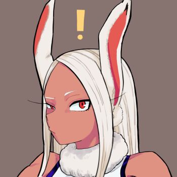 ! 1girl animal_ears boku_no_hero_academia brown_background dark-skinned_female dark_skin emoji meme meme_request mirko na_iro red_eyes serious white_hair