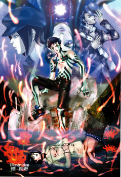 2girls 4boys absurdres afloat artist_request bag bead_bracelet bead_necklace beads beard_stubble black_hair black_hat black_shorts bracelet buttons closed_eyes debris demi-fiend facial_hair flower from_side full-body_tattoo glowing_lines hat hat_over_one_eye highres hijiri_jyouji hikawa_(megami_tensei) jacket jewelry long_hair multiple_boys multiple_girls mustache necklace newsboy_cap nitta_isamu non-web_source official_art on_rock out_of_frame own_hands_together peacoat red_flower red_nails ring scan shin_megami_tensei shin_megami_tensei_iii:_nocturne shoes short_hair shorts shoulder_bag sneakers spider_lily stubble tachibana_chiaki_(megami_tensei) takao_yuko tattoo topless_male upside-down water yellow_eyes