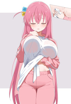 1girl absurdres annrichan bocchi_the_rock! breasts closed_eyes cowboy_shot cube_hair_ornament gotoh_hitori hair_ornament highres jacket large_breasts no_bra one_side_up pants pink_hair shirt solo sweat towel track_jacket track_pants track_suit wet wet_clothes white_shirt wiping_sweat