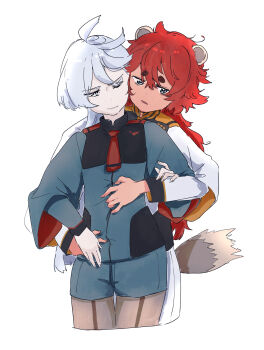 2girls absurdres animal_ears asticassia_school_uniform black_pantyhose blue_eyes closed_mouth commentary_request green_jacket green_shorts grey_eyes gundam gundam_suisei_no_majo hand_on_another&#039;s_waist highres jacket kusakayosituki1 long_hair miorine_rembran multiple_girls one_eye_closed pantyhose parted_lips raccoon_ears raccoon_girl raccoon_tail red_hair school_uniform shorts simple_background suletta_mercury tail thick_eyebrows white_background white_hair white_jacket white_shorts yuri