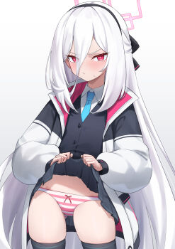 1girl absurdres black_skirt blue_archive blue_necktie closed_mouth clothes_lift commentary cowboy_shot hair_between_eyes halo highres jacket kei_(blue_archive) lifting_another's_clothes lo_xueming long_hair long_sleeves looking_at_viewer necktie open_clothes open_jacket panties pink_halo red_eyes simple_background skirt skirt_lift solo striped_clothes striped_panties underwear very_long_hair white_background white_hair