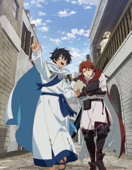 Rule 34 | 1girl, 2boys, abel (mizuzokusei no mahoutsukai), black boots, black hair, blonde hair, blue sky, boots, brown hair, day, elf, grey eyes, highres, holding, holding paper, key visual, long hair, mizuzokusei no mahoutsukai, multiple boys, official art, open mouth, outdoors, paper, pointing, pointy ears, promotional art, red hair, robe, ryou (mizuzokusei no mahoutsukai), sandals, sera (mizuzokusei no mahoutsukai), short hair, sky, teeth, upper teeth only, white robe