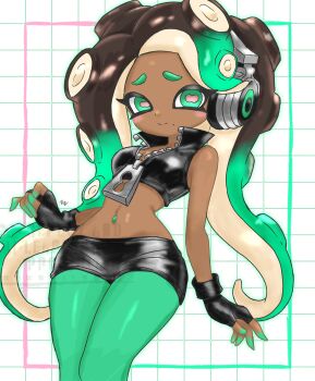 1girl aqua_eyes aqua_hair aqua_nails aqua_pantyhose black_hair black_jacket black_shorts commentary cropped_jacket dark-skinned_female dark_skin english_commentary gradient_hair highres jacket looking_at_viewer marina_(splatoon) multicolored_hair nail_polish navel_piercing nintendo pantyhose piercing short_shorts shorts solo splatoon_(series) splatoon_2 tentacle_sex tentacles z8229z