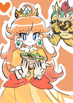 absurdres blue_eyes bowser brown_hair dress earrings eating flower_earrings food food_in_mouth gloves heart highres holding holding_food holding_sandwich horns jewelry long_hair mario_(series) nintendo orange_background orange_dress pretzel princess_daisy rakugaki_shitagari-ya sandwich smile white_gloves