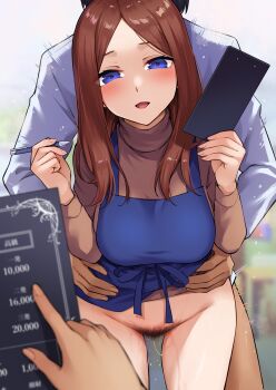 1boy 1girl 1other absurdres apron black_hair blue_apron blue_eyes blurry blurry_background bottomless breasts brown_hair brown_sweater casual_sex censored commentary_request female_pubic_hair go-toubun_no_hanayome hetero highres holding holding_menu holding_pencil kouzuki_(majc8345) large_breasts long_hair menu mosaic_censoring nakano_miku open_mouth pencil pubic_hair sex sex_from_behind shirt short_hair standing standing_sex sweater thighs white_shirt