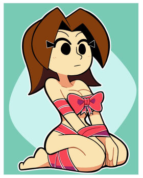 1girl :| aqua_background arms_between_legs barefoot bdsm between_legs black_eyes black_outline blank_stare blue_background blush bondage border bound bound_legs bound_wrists bow breasts brown_hair christmas cleavage closed_mouth empty_eyes expressionless full_body green_background hair_intakes hand_between_legs highres kneeling looking_afar medium_breasts medium_hair mii_(nintendo) mii_gunner mii_gunner_(smash_4) naked_ribbon nintendo no_pupils no_sclera outline own_hands_together parted_bangs red_bow red_ribbon ribbon ribbon_bondage scott_falco seiza simple_background sitting solo super_smash_bros. v_arms wariza white_border white_outline wrapped_up