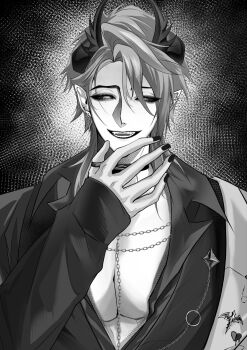 1boy azq0th black_eyes black_nails demon_boy ear_piercing evil_smile first_stage_production greyscale hand_up highres horns long_sleeves monochrome open_clothes piercing pointy_ears smile solo_focus zander_netherbrand