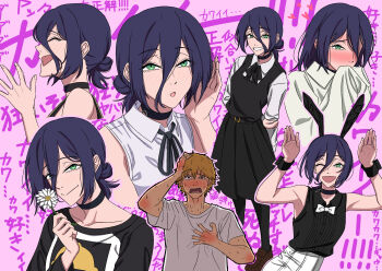 1boy 1girl ^_^ amai_(frfs5423) animal_ear_hairband animal_ears black_choker black_dress black_ribbon blonde_hair blush borrowed_clothes chainsaw_man choker closed_eyes commentary_request denji_(chainsaw_man) dress fake_animal_ears flower fourth_east_high_school_uniform gerbera green_eyes grenade_pin hair_between_eyes hairband highres holding holding_flower long_hair_between_eyes looking_at_another multiple_views neck_ribbon nervous_sweating pinafore_dress pink_background pleated_dress rabbit_ear_hairband rabbit_ears rabbit_pose raglan_sleeves reze_(chainsaw_man) ribbon school_uniform shirt sleeveless sleeveless_dress sleeveless_shirt smile sweat t-shirt text_background two-tone_shirt white_shirt