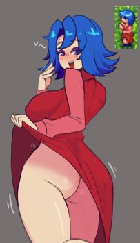 1girl :d absurdres ass ass_focus blue_hair blush breasts clothes_lift doce dress dress_lift emily_(stardew_valley) female_focus from_behind grey_background half-closed_eyes highres looking_at_viewer looking_back no_panties open_mouth purple_eyes red_dress reference_photo short_hair smile solo_focus stardew_valley thighs