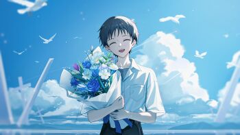 1boy bird blurry_edges bouquet brown_hair closed_eyes collared_shirt commentary_request day facing_viewer flower head_tilt highres holding holding_bouquet ikari_shinji male_focus neon_genesis_evangelion open_mouth outdoors shirt shirt_tucked_in short_hair short_sleeves sky smile solo upper_body xiongji_z_z