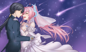 Rule 34 | 1boy, 1girl, absurdres, adoptive parent and adoptive child, aemeath (wuthering waves), bare shoulders, black hair, black jacket, blush, breasts, bridal veil, chinese commentary, cleavage, closed eyes, closed mouth, commentary request, dress, elbow gloves, esrever, father and daughter, gloves, hair ornament, hand on another's shoulder, highres, jacket, long hair, male rover (wuthering waves), medium breasts, modeling, open mouth, pink hair, ponytail, rover (wuthering waves), smile, tacet mark (wuthering waves), veil, wedding dress, white dress, white gloves, white veil, wuthering waves, yellow eyes