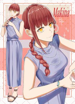 1girl absurdres annabell_(durch9sicht5) blue_dress braid braided_ponytail chainsaw_man character_name closed_mouth commentary_request dress highres jewelry long_hair looking_at_viewer makima_(chainsaw_man) multiple_views necklace pearl_necklace red_hair ring ringed_eyes sandals toenails toes yellow_eyes