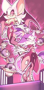 2girls absurdres alternate_costume aura bat_wings blaze_the_cat breasts cat_girl cat_tail collared_cloak cosplay dark_aura dark_persona dr._eggman dr._eggman_(cosplay) forehead_jewel furry furry_female grin highres long_coat multiple_girls nano_(nanolovesyou) non-humanoid_robot purple_fur robot rouge_the_bat smile sonic_(series) tail wings