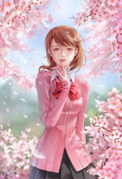 1girl black_skirt blue_sky blurry blurry_background bow bowtie brown_eyes brown_hair cardigan cherry_blossoms choker collared_shirt commentary cowboy_shot earrings english_commentary falling_petals flipped_hair gekkoukan_high_school_uniform hand_up heart heart_choker highres jewelry lips long_sleeves looking_at_viewer loose_bowtie outdoors persona persona_3 persona_3_reload petals pink_cardigan pink_lips pink_petals pleated_skirt red_bow red_bowtie ribbed_cardigan school_uniform shirt short_hair skirt sky solo solyu straight-on stud_earrings swept_bangs takeba_yukari white_choker white_shirt zipper