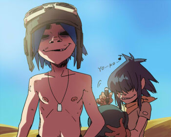 1boy 1girl 2d_(gorillaz) a-ka backlighting blue_sky day desert dog_tags empty_eyes english_text flat_chest goggles goggles_on_headwear gorillaz helmet looking_at_viewer nipples marker missing_tooth musical_note nipples no_shirt noodle_(gorillaz) outdoors pointy_ears romaji_text sand sky smile stuart_pot topless_male writing