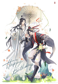 2boys absurdres animal bichen_sword bishounen black_boots black_eyes black_hair black_hanfu black_rabbit_(animal) blue_sash boots bouquet chenqing_flute chinese_clothes closed_mouth couple dated dizi english_text flower flute flute_tassel full_body grass hair_flower hair_ornament hair_ribbon hanfu happy_birthday headband highres holding holding_bouquet holding_flower holding_hands holding_umbrella instrument jian_(weapon) lan_wangji leaf long_hair long_sleeves looking_at_another looking_at_viewer male_focus modao_zushi multiple_boys oil-paper_umbrella open_mouth orange_flower pants ponytail rabbit red_ribbon red_sash ribbon rock salute sash seal_impression sheath sheathed sidelocks smile standing standing_on_one_leg sword syyun_s tassel topknot transverse_flute umbrella weapon wei_wuxian white_background white_boots white_hanfu white_headband white_pants white_rabbit_(animal) white_umbrella wide_sleeves xiao_guan_(headdress) yaoi yellow_eyes yellow_flower