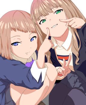 Rule 34 | 2girls, bow, breasts, brown hair, green eyes, gridman universe, hand on own cheek, hand on own face, highres, holding, long hair, looking at viewer, medium breasts, minami kano, minami yume, multiple girls, purple eyes, school uniform, semham, shirt, short hair, siblings, sisters, skirt, smile, ssss.dynazenon, v