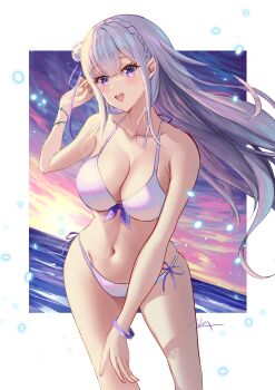 1girl absurdres arerex arm_at_side arm_up bare_legs bikini blush bracelet braid breasts cleavage collarbone commentary_request crown_braid emilia_(re:zero) flower front-tie_bikini_top front-tie_top grey_hair hair_between_eyes hair_flower hair_ornament highres jewelry large_breasts legs_apart long_hair looking_at_viewer navel ocean pointy_ears purple_bikini purple_eyes re:zero_kara_hajimeru_isekai_seikatsu side-tie_bikini_bottom signature smile solo stomach sunset swimsuit