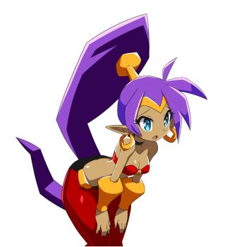 1girl ass bent_over blue_eyes breasts choker cleavage dancer dark-skinned_female dark_skin earrings game_cg hoop_earrings jewelry long_hair official_art pointy_ears ponytail purple_hair shantae shantae_(series) solo source_request tagme very_long_hair