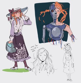 1girl alternate_costume alternate_hairstyle android ayellowapple blouse blush blush_stickers bow braid cable closed_mouth commentary english_commentary english_text freckles full_body gaulem_(kyokugen_dasshutsu) hair_down hat hat_bow highres holding holding_watering_can jewelry kyokugen_dasshutsu kyokugen_dasshutsu_adv:_zennin_shibou_desu long_skirt long_sleeves luna_(kyokugen_dasshutsu) mechabare multiple_views necklace nurse nurse_cap orange_hair pantyhose purple_bow purple_pantyhose purple_shirt purple_skirt severed_hair shirt shoes sidelocks simple_background skirt smile spoilers standing sun_hat twin_braids vest watering_can white_background white_hat white_shoes white_vest